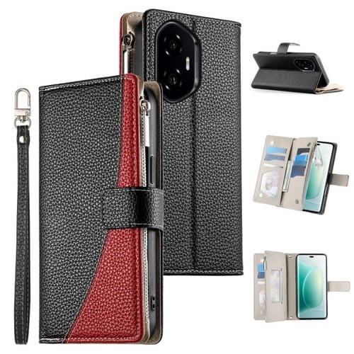 Funda de cuero con cremallera para teléfono con múltiples tarjetas y costuras para Honor 300 (negro)