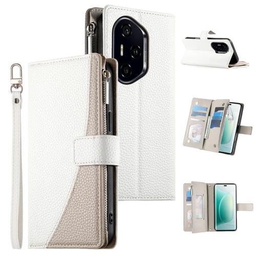 Funda de cuero tipo billetera con cremallera y múltiples tarjetas, con costuras y correa corta para Honor 300 Pro/Honor 300 Ultra (blanca)