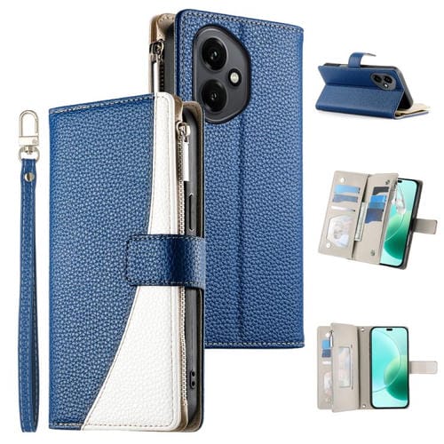 Funda de cuero tipo billetera con cremallera y múltiples tarjetas para Honor 400 Global (156,5 mm) con costuras y correa corta (azul oscuro)
