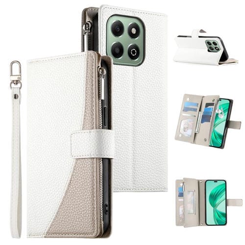 Funda de cuero tipo billetera con cremallera y múltiples tarjetas, con costuras y correa corta para Honor X6a/Honor X6b 4G (blanco)
