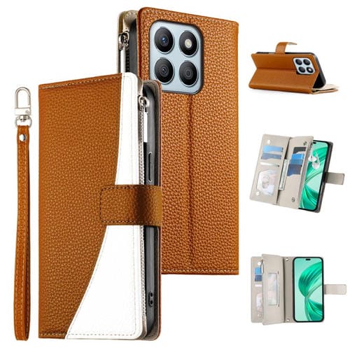 Funda de cuero con cremallera y múltiples tarjetas para Honor X8b, con costuras y correa corta (marrón)