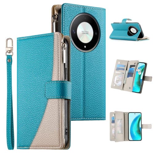 Funda de cuero con cremallera y múltiples tarjetas para Honor X50/Honor X9b, con costuras y correa corta (azul)