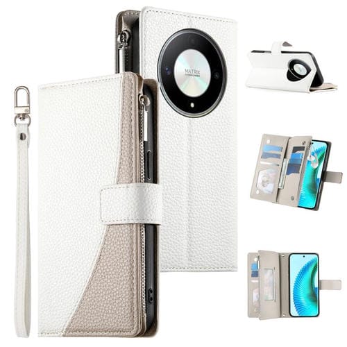 Funda de cuero tipo billetera con cremallera y múltiples tarjetas, con costuras y correa corta para Honor X50/Honor X9b (blanca)