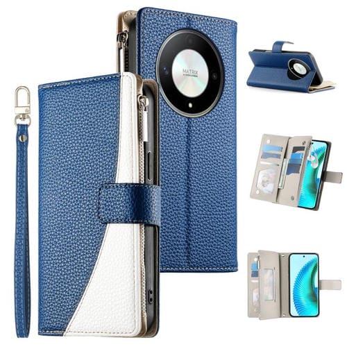 Funda de cuero con cremallera y múltiples tarjetas para Honor X50/Honor X9b, con costuras y correa corta (azul oscuro)