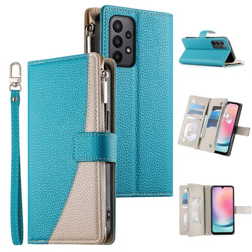 Funda de cuero tipo billetera con cremallera y múltiples tarjetas, con costuras y correa corta para Samsung Galaxy A23 4G / 5G / M13 4G / M23 (azul)