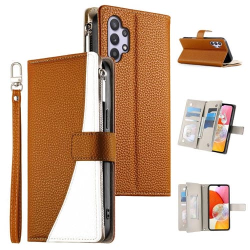 Funda de cuero con cremallera para Samsung Galaxy A32 5G, con costuras, para múltiples tarjetas y correa corta (marrón)