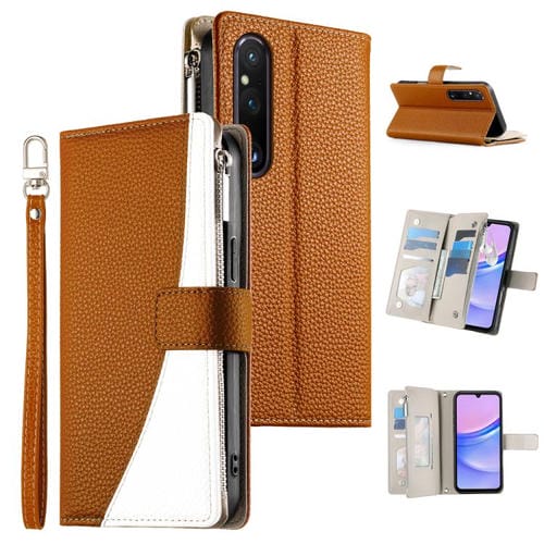 Funda de cuero con cremallera para Sony Xperia 1 V, con costuras, para múltiples tarjetas y correa corta (marrón)