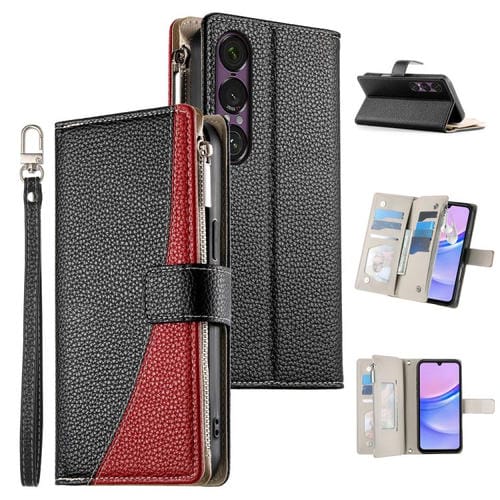 Funda de cuero con cremallera para Sony Xperia 1 VII, con costuras, múltiples tarjetas y correa corta (negra)