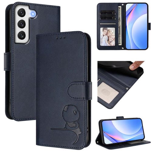 Funda de cuero RFID con estampado de panda para Samsung Galaxy S21 FE 5G con cordón (azul)