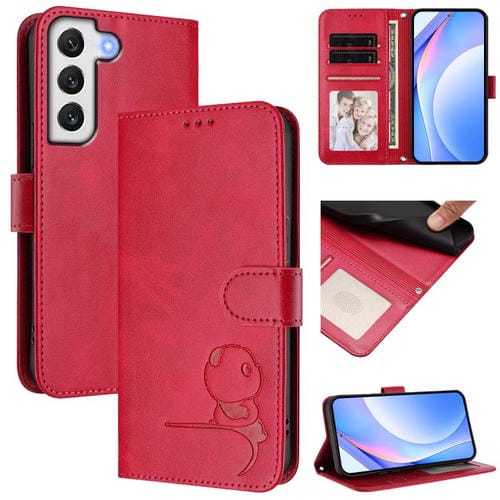 Funda de cuero RFID con estampado de panda para Samsung Galaxy S22 5G con cordón (rosa)
