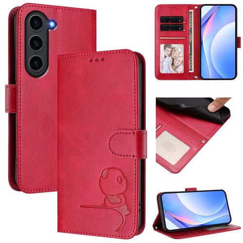Funda de cuero RFID con estampado de panda para Samsung Galaxy S23 5G con cordón (rosa)