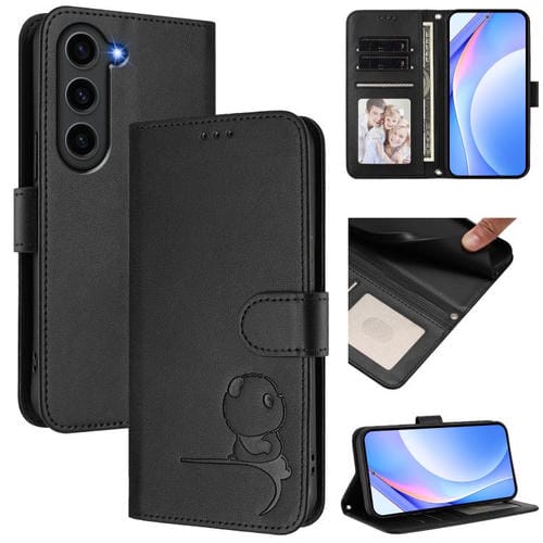 Funda de cuero RFID con estampado de panda y cordón para Samsung Galaxy S23 FE 5G (negro)