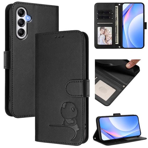 Funda de cuero con estampado de panda y RFID para Samsung Galaxy M14 5G con cordón (negra)