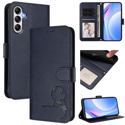 Funda de cuero RFID con estampado de panda y cordón para Samsung Galaxy M14 5G (azul)