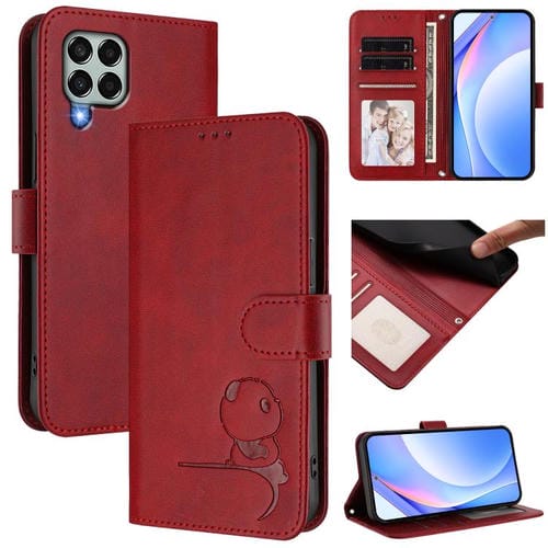 Funda de cuero RFID con estampado de panda y cordón para Samsung Galaxy M33 5G (rojo vino)
