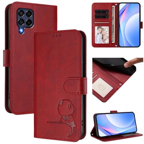 Funda de cuero RFID con estampado de panda y cordón para Samsung Galaxy M53 5G (rojo vino)