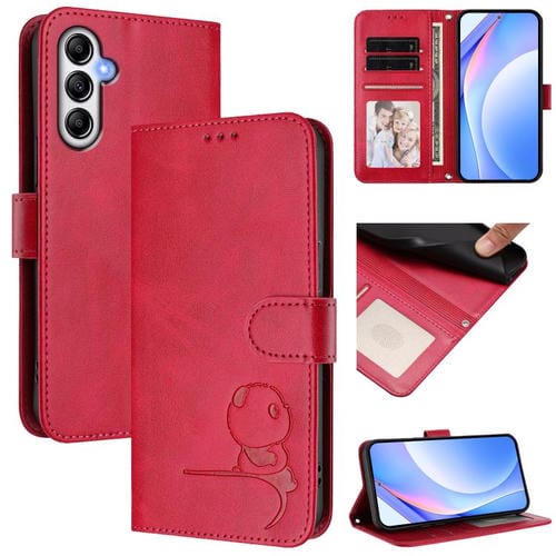 Funda de cuero RFID con estampado de panda y cordón para Samsung Galaxy A34 5G (rosa)