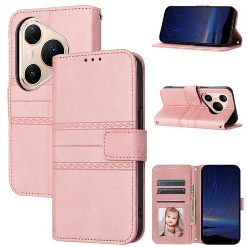 Funda de cuero con textura de piel y rayas en relieve para Huawei Pura 80 Pro 5G / 80 Pro+ 5G (rosa)