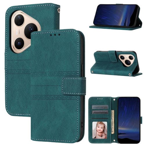 Funda de piel con textura de rayas en relieve para Huawei Pura 80 5G (verde oscuro)
