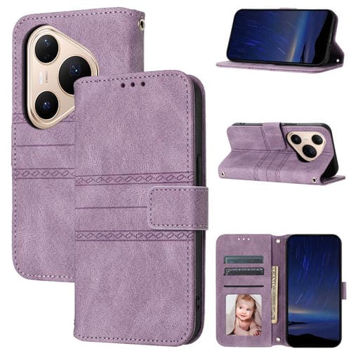 Funda de piel con textura de rayas en relieve para Huawei Pura 80 5G (morado claro)