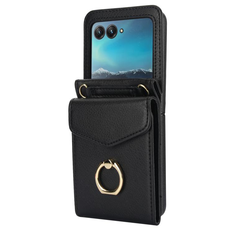 Funda para Motorola Razr 60 Ultra con ranura para tarjeta RFID y soporte de anillo (negra)
