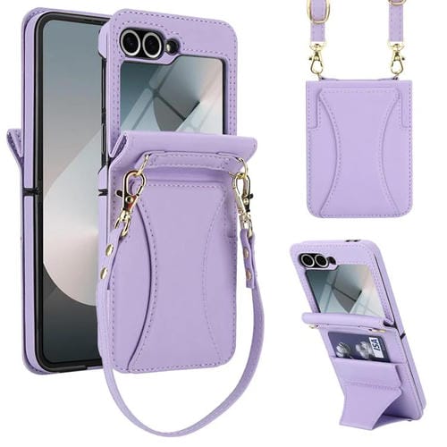 Funda para Samsung Galaxy Z Flip5 con ranura para tarjetas y soporte plegable integrado, con cordón largo y corto (morado)