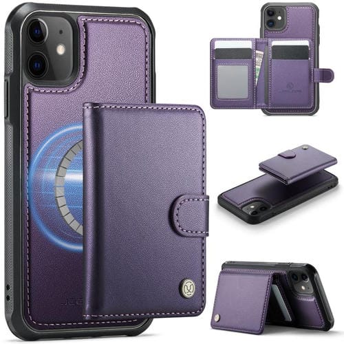 Funda de cuero con hebilla magnética para iPhone 11 JEEHOOD J09, estilo RFID, con tarjetero MagSafe (morado)