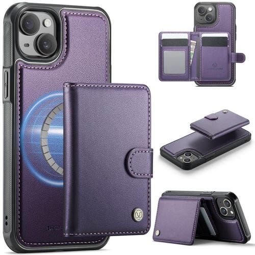 Funda de cuero con hebilla magnética para iPhone 14 JEEHOOD J09, estilo RFID, con tarjetero MagSafe (morado)