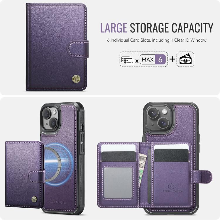 Funda de cuero con hebilla magnética para iPhone 14 JEEHOOD J09, estilo RFID, con tarjetero MagSafe (morado)