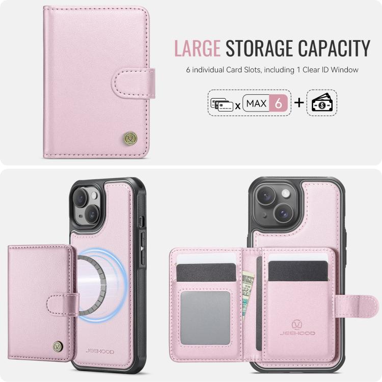 Funda de cuero con hebilla magnética para iPhone 14 JEEHOOD J09, estilo RFID, MagSafe (rosa)