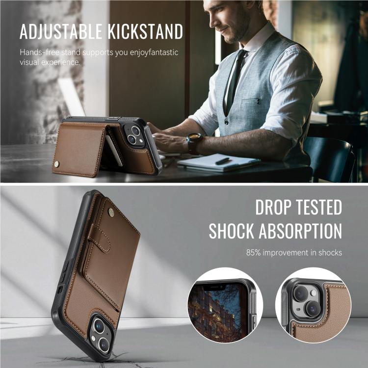 Funda de cuero con hebilla magnética para iPhone 14 JEEHOOD J09, con RFID y MagSafe (marrón)