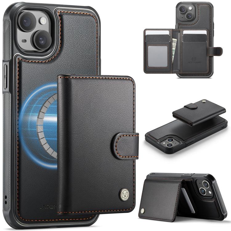 Funda de cuero con hebilla magnética para iPhone 14 JEEHOOD J09, con ranuras para tarjetas, estilo RFID y MagSafe (negro)
