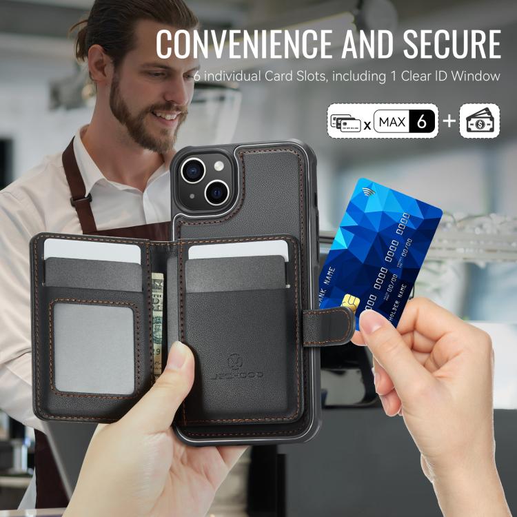 Funda de cuero con hebilla magnética para iPhone 14 JEEHOOD J09, con ranuras para tarjetas, estilo RFID y MagSafe (negro)