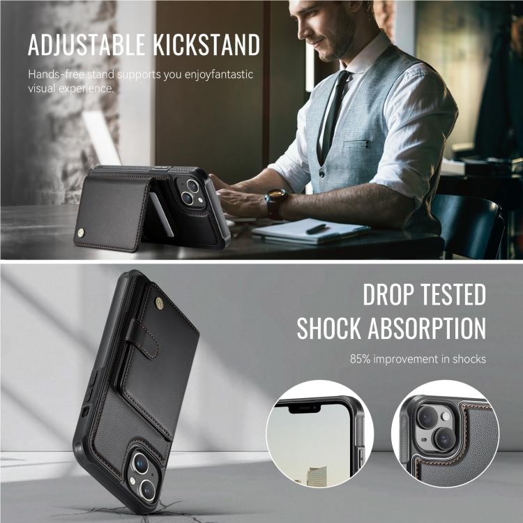 Funda de cuero con hebilla magnética para iPhone 14 JEEHOOD J09, con ranuras para tarjetas, estilo RFID y MagSafe (negro)