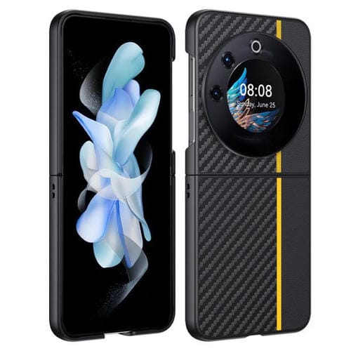 Funda ultrafina con textura de fibra de carbono para Tecno Phantom V Flip (negro y amarillo)