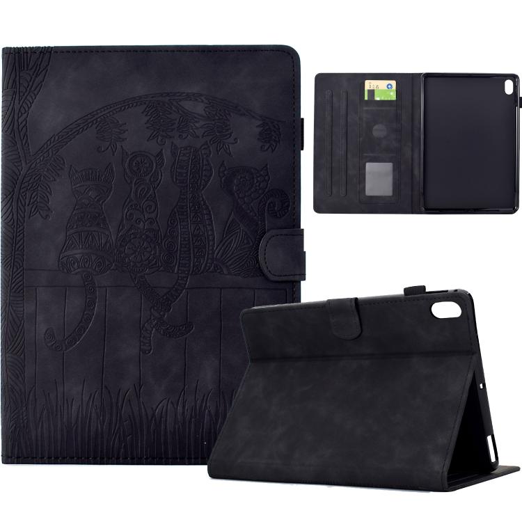 Funda de cuero con relieve de gato para Xiaomi Redmi Pad 2 (negra)