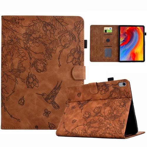 Funda de cuero inteligente con estampado de flores y pájaros para Xiaomi Redmi Pad 2 (marrón)