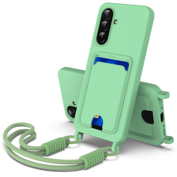 Funda de silicona líquida de color sólido para Samsung Galaxy A26 5G con tarjetero integrado y cordón corto (verde)