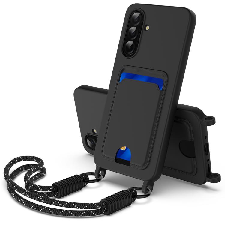 Funda de silicona líquida de color sólido para Samsung Galaxy A36 5G / A56 5G (Gen2) con tarjetero integrado y cordón corto (negro)