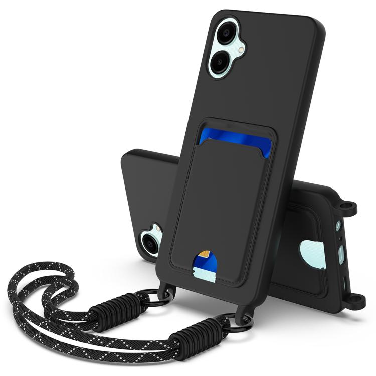 Funda de silicona líquida de color sólido para Samsung Galaxy A06 5G con tarjetero integrado (Gen2) y cordón corto (negro)