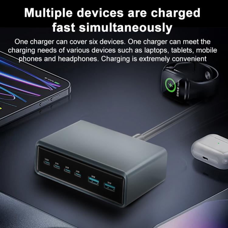 Cargador rápido de escritorio multifunción GaN de 6 puertos, 200 W, 4 USB-C/Tipo C y 2 USB-A, enchufe australiano (gris plateado)
