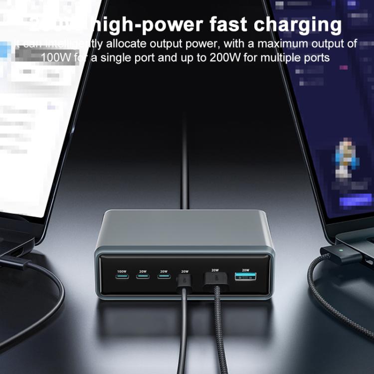 Cargador rápido de escritorio multifunción GaN de 6 puertos, 200 W, 4 USB-C/Tipo C y 2 USB-A, enchufe estadounidense (amarillo)