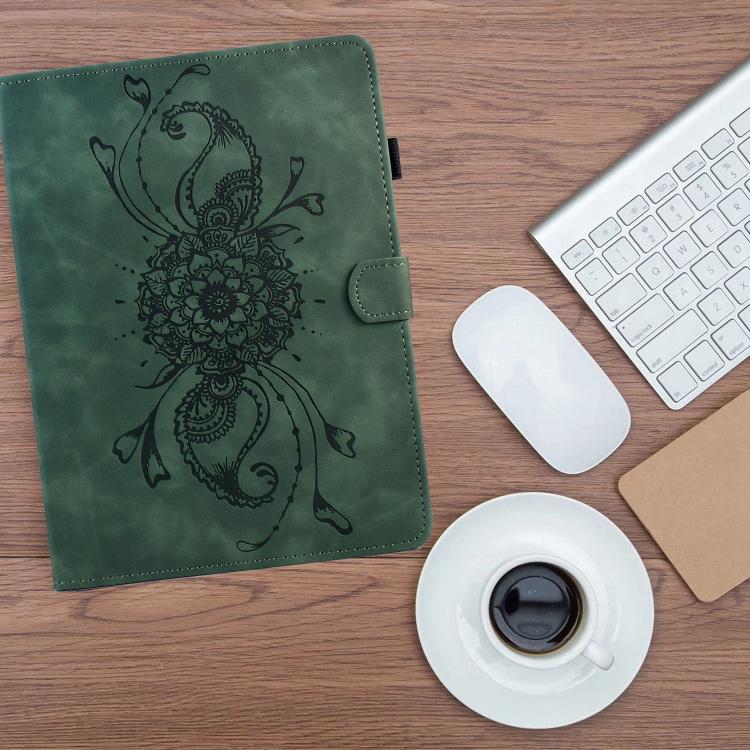 Funda de cuero inteligente con relieve de mandala para Samsung Galaxy Tab S10 FE+ (verde)