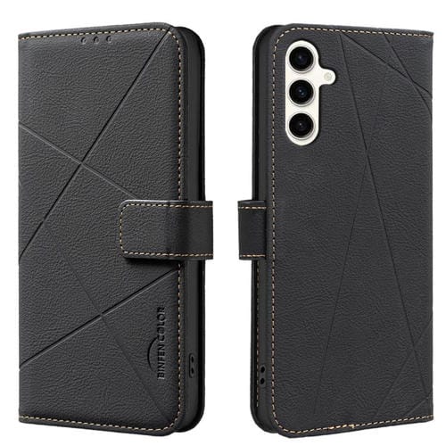 Funda de cuero RFID con patrón geométrico para Samsung Galaxy M36 5G (negra)