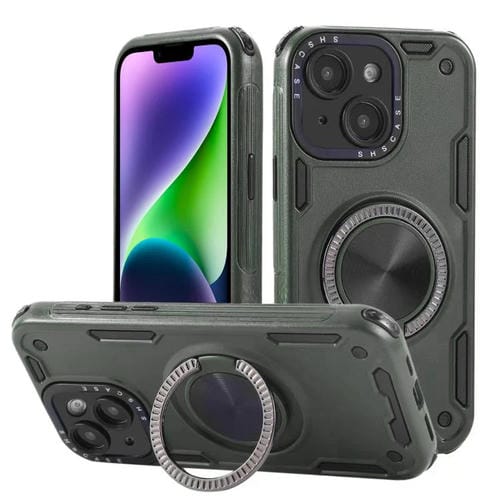 Funda magnética con rotación de 360 grados y mecanismo de tres núcleos para iPhone 14 (verde militar)