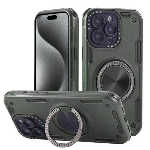 Funda magnética con rotación de 360 grados y mecanismo de tres núcleos para iPhone 15 Pro Max (verde militar)
