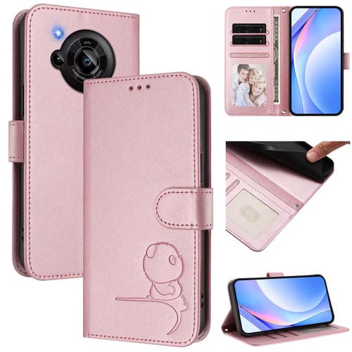 Funda de cuero RFID con estampado de panda y cordón para Sharp Aquos R7 SH-52C (rosa)