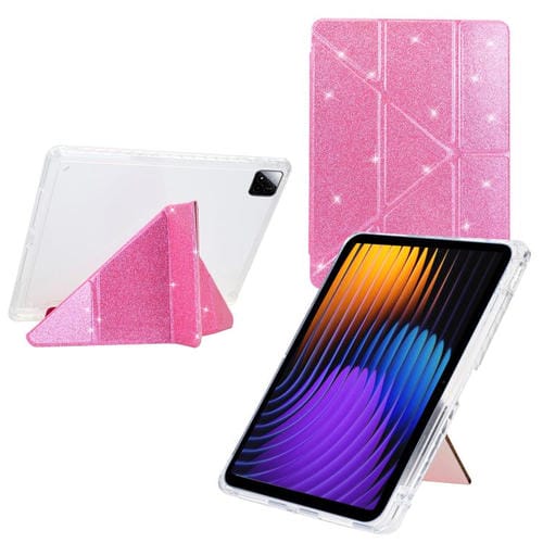 Funda de cuero inteligente con purpurina acrílica transparente plegable en Y para Xiaomi Pad 7/7 Pro (rosa)