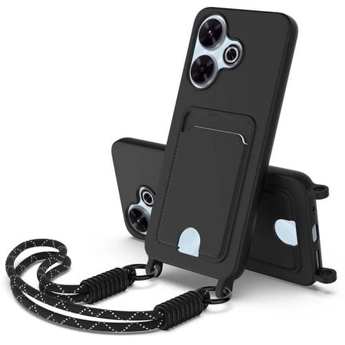 Funda de silicona líquida de color sólido para Redmi 13 4G / 13 5G / Note 13R 5G con tarjetero integrado, Gen2, con cordón corto (negro)