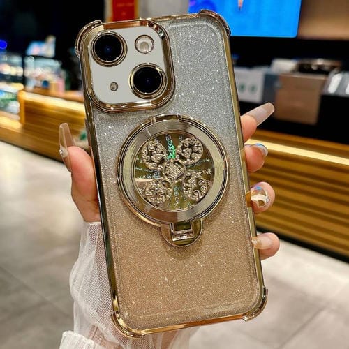 Funda con soporte giratorio para iPhone 14 con purpurina degradada (dorada)